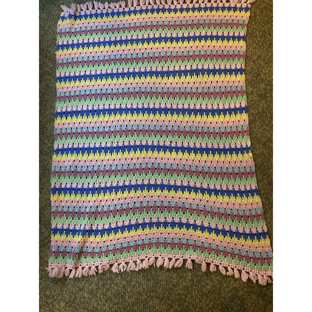 Handmade Crochet Knit Multi‎ Color Blanket Fringed 59" X 64"